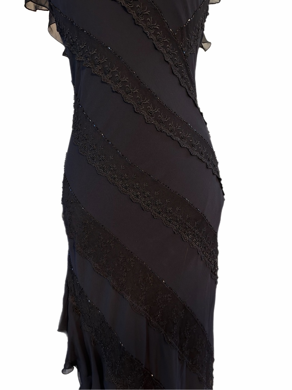 Vintage Sue Wong Nocturne Beaded Silk Sheer Mesh & Lace Ruffle Hem Maxi Dress - Picture 4 of 12